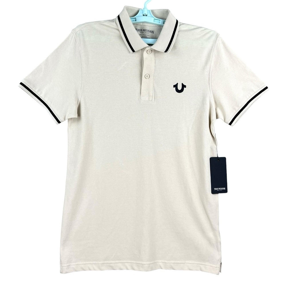 NWT True Religion Men's Crafted W/Pride Fog White/Black Tipping Polo Size Small